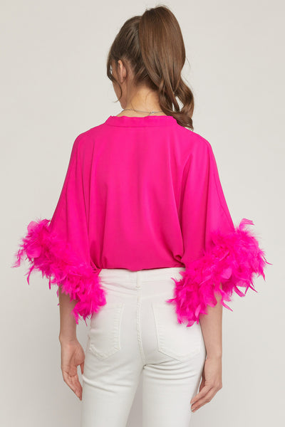 Pretty In Pink Feather Sleeve Satin Bodysuit