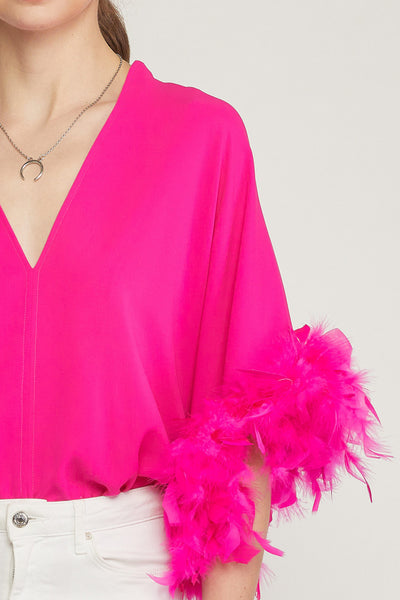 Pretty In Pink Feather Sleeve Satin Bodysuit
