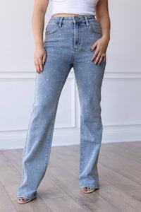 Light Wash Crystal Studded Straight Leg Jeans