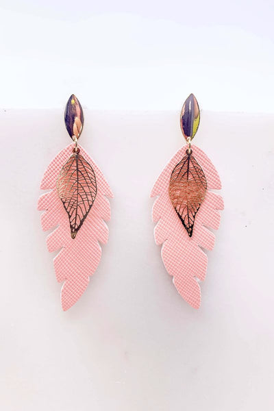 Into You Double Leaf Drop Earrings- Pink
